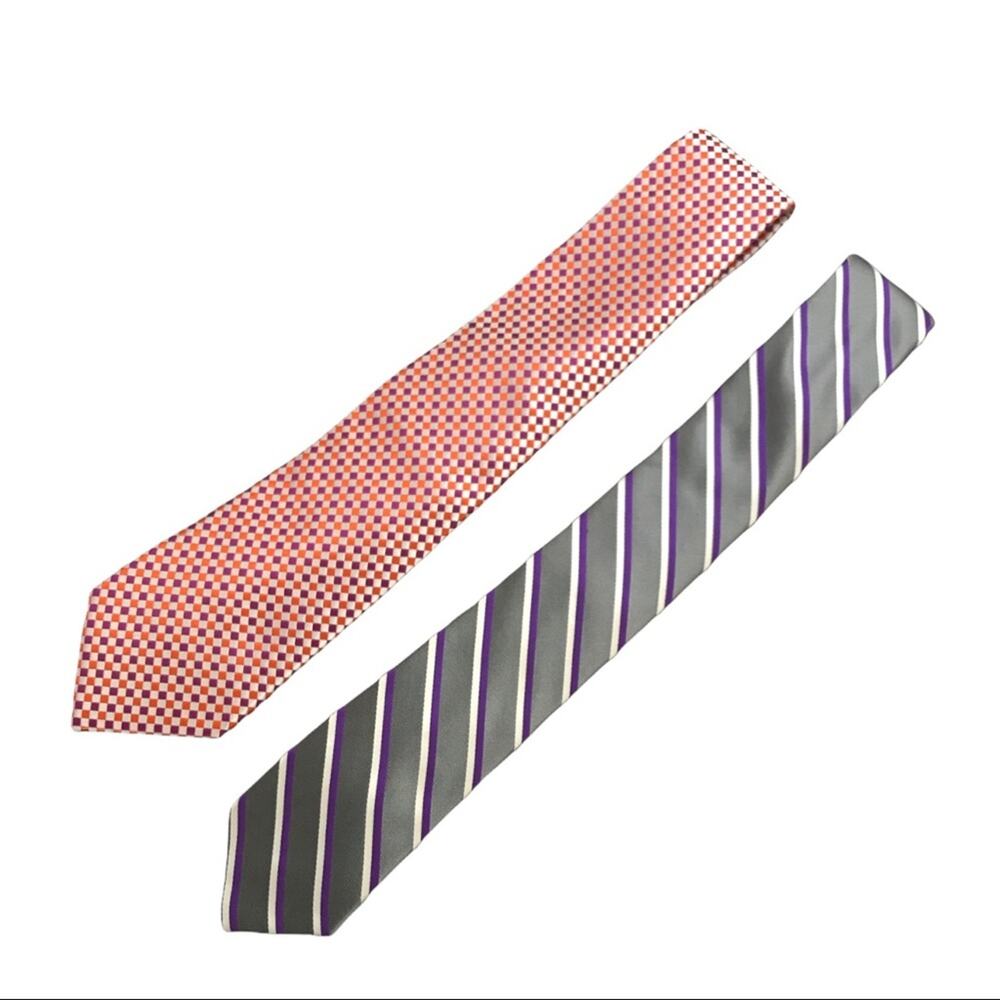 2 Express Silk Ties Orange & Purple Diamond Check and Grey Purple & White Stripe
